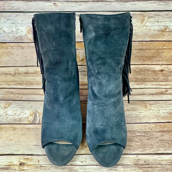 Gianni Bini Womens Gray Suede Leather Open Toe Fringes Block Heel Booties 8M - Picture 2 of 9
